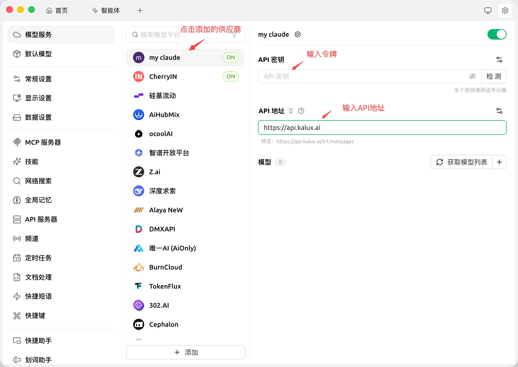 填写 Cherry Studio API Key 和 Base URL